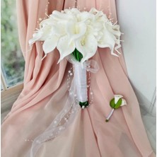 Bioren Gelin Buketi Islak Gala Beyaz Damat Yaka Çiçeği Gelin Buketi ve Yaka Çiçeği Tül ve Incili