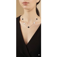 Shae Jewelry 5'li Siyah ve Beyaz Renk Yonca Model Kolye ve Bileklik Paslanmaz Çelik Orta Boy