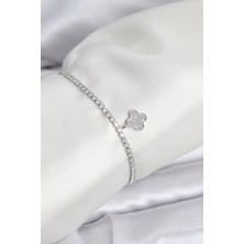 Net Damla Yonca Model Zirkon Taşlı Gümüş Renk Asansörlü Su Yolu Bileklik - Lisinya