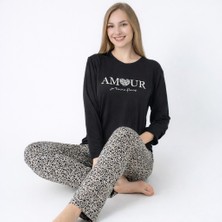 CharMe Noveya Amour Leopar Desenli Uzun Kollu Siyah Kadın Pijama Takımı – Yumuşak Dokulu Ev Giyimi