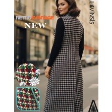 Lavinsis Yeşil Dokunuşlu Kazayağı Elegansı – Uzun Hafif Triko Yelek Modern Retro Vintage Tarzın