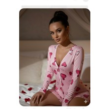 Trend Dokunuş Kadın Kalp Desenli Romantik Pamuklu Uzun Kollu Gecelik
