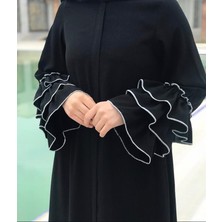 Nakşidil Fırfır Kol Detaylı Siyah Ferace Medine Ipeği Boy 145