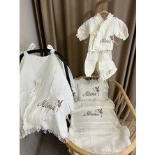 Handemnakış Tasarım Isimli Nakışlı Müslin 6'lı Hastane Çıkış Set-Alt Üst Takım Şapka Battaniye Puset Örtüsü Yastık Kılıf