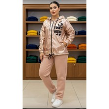 Luniva Atelier Collection Altın Bej Renk Detaylı Rahat Kesim Kadın Eşofman Takımı,yağmurluk hissiyatlı (Oversize)