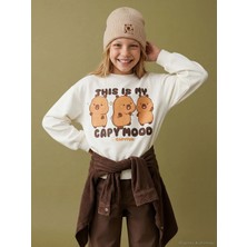 LC Waikiki Lcw Kids Ekru Capyfun Baskılı Kalın Kız Çocuk Sweatshirt