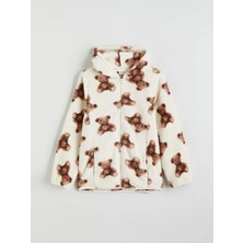 LC Waikiki Lcw Kids Ekru Kapüşonlu Pelüş Kız Çocuk Fermuarlı Sweatshirt