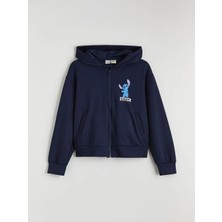 LC Waikiki Lcw Kids Lacivert Stitch Baskılı Kız Çocuk Soft Touch Fermuarlı Sweatshirt