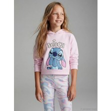 LC Waikiki Lcw Kids Pembe Kapüşonlu Stitch Baskılı Kız Çocuk Sweatshirt