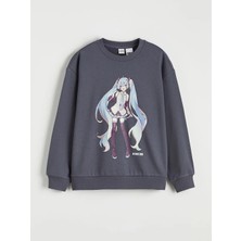 LC Waikiki Lcw Kids Antrasit Hatsune Miku Baskılı Kız Çocuk Kalın Sweatshirt