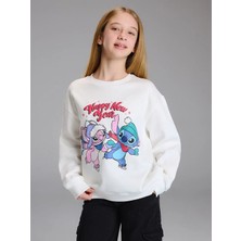 LC Waikiki Lcw Kids Ekru Stitch ve Angel Baskılı Kız Çocuk Kalın Sweatshirt