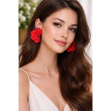 Myth Atelier Red Bloom Büyük Yarım Çiçek Formlu Metalik Kırmızı Küpe - Şık ve Gösterişli, Hediye, Zarif