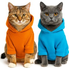 Feyza Design Turuncu ve Mavi Ikili Sweatshirt Hoodie, Yavru ve Orta Boy Kediler Için
