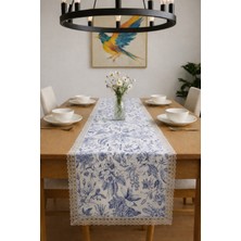 Rona Home Güpürlü Mavi Runner Masa Örtüsü Yaprak Desenli - Lüks Şık Yemek Masası Mutfak Salon Masa Şalı