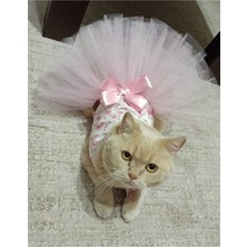 Feyza Design Pembe Çiçekli Fiyonklu Beyaz Evcil Hayvan Elbisesi Small