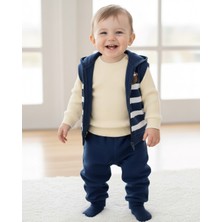 Ege Bebek Erkek Bebek Mevsimlik Kapüşonlu Fermuarlı Penye Yelekli 3 Parça 3-6-9-12-18 Aylık Alt Üst Takım