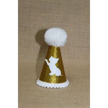 Feyza Design Altın Renkli Kedi Parti Şapkası, Lastikli, Beyaz Ponponlu, Çap 7,5 Cm, Boy 13 cm