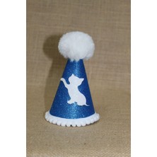 Feyza Design Mavi Eva Lastikli Kedi Doğum Günü Parti Şapkası, 13 Cm, Beyaz Ponponlu
