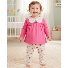 Ege Bebek Kız Bebek Kiraz Baskılı Fitilli Taytlı Bluzlu 6-9-12-18-24 Aylık Mevsimlik Alt Üst 2'li Kız Takım