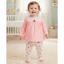 Ege Bebek Kız Bebek Kiraz Baskılı Fitilli Taytlı Bluzlu 6-9-12-18-24 Aylık Mevsimlik Alt Üst 2'li Kız Takım