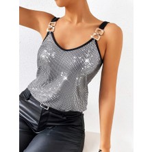 Balva Konsept Kadın Siyah Askılı Gümüş Parıltılı Abiye Bluz