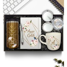 As Gift Kişiye Özel Gold Termos & Beyaz Defter & Beyaz Kupa & Krom Ayna & Beyaz Kalem Hediye Seti