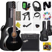 Midex XC-300XBK-AMP Profesyonel AMFİLİ Siyah Elektro Akustik Gitar (Amfi Gigbag Çanta Tuner Capo Askı Jak Kablo Pena)