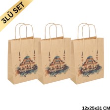 Roco Paper Co. Ramazan Hediyelik Paketleme Çantası, 3 Adet, Cami Tasarımlı Kraft Kağıt Çanta Seti, 12X25X31 cm