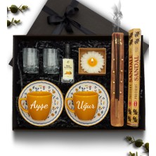 As Gift 2'li Turuncu Fincan & Kolonya & Çiçek Mum & Çubuk Tütsü & Kahve Yanı Su Bardağı Hediye Seti