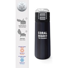 Coral High Kids Siyah Gri Çizgi Desenli Pipetli ve Direkt Içim Çelik Termos 500 ml 38118