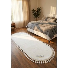 Saraz Halı Puffy Beyaz Oval Örgü Saçaklı Peluş Yumuşacık Yıkanabilir Kaymaz Taban Halı Salon Oturma Odası