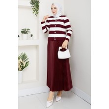 RFK Butik Kadın Düğme Detaylı Çizgili Tesettür Triko Hırka Etekli Takım - Bordo