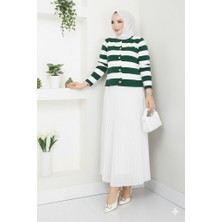 RFK Butik Kadın Düğme Detaylı Çizgili Tesettür Triko Hırka Etekli Takım - Haki