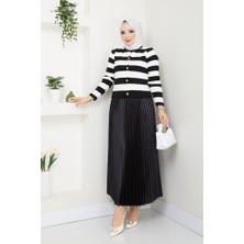 RFK Butik Kadın Düğme Detaylı Çizgili Tesettür Triko Hırka Etekli Takım - Siyah