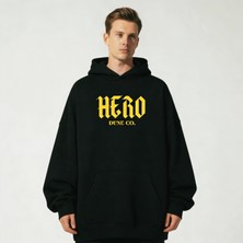 Hero Oversize 3 Iplik Şardonlu Pamuk Baskılı Siyah Kapüşonlu Sweatshirt