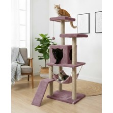 Feyza Design Yüksekliği 124 cm Gül Kurusu Pet Kedi Tırmalama Kulesi Platformlu