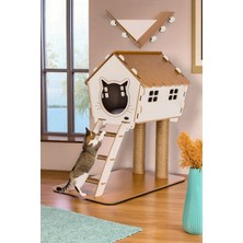 Feyza Design Bej Merdivenli Kedi Evi ve Tırmalama Tahtası ile Eğlence Alanı