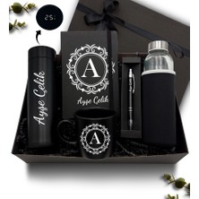 As Gift Kişiye Özel Siyah 500 ml Dereceli Termos & Kupa & Defter & Cam Suluk & Kalem Hediye Seti