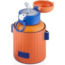 680ML Moda Çizgili Deri Kılıf Pipetli Askılı Kilitlenebilir Kapak Çelik Termos Matara (Turuncu)