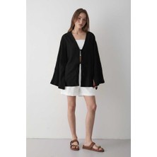 Jaste Kadın Yarasa Kol Çift Bağlamalı Kimono %100 Pamuk Siyah