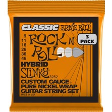 Braventa Collection Ernie Ball Hybrid Slinky Klasik Rock 'n' Roll Elektro Gitar Telleri, Saf Nikel Yara, 3'lü Ölçü 9-46