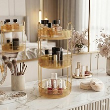 Braventa Collection 3 Katlı Makyaj Organizeri Kozmetik Aksesuar Düzenleyici Kozmetik Vitrini Yuvarlak (Amber Sarı)
