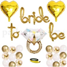 Braventa Collection Patladı Gitti Bride To Be El Yazısı, Tek Taş Yüzük ve Kalp Folyo Balonlu Gold Bride To Be Set