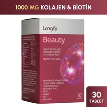 Longify Beauty Hidrolize Kolajen Tip 1 ve Tip 3, Hyaluronik Asit, Hidrolize Elastin, Biotin, Vitamin C, Çinko, Bakır Takviye Edici Gıda 30 Tablet