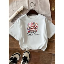 Caddekombin Kadın The Love Baskılı Baskılı Yuvarlak Yaka Beyaz T-Shirt