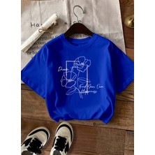 Caddekombin Kadın Çiçek Grafik Baskılı Bisiklet Yaka Saks Mavi T-Shirt