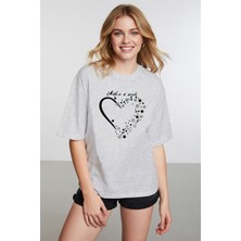 Caddekombin Kadın Işıltılı Yıldız Detaylı Bisiklet Yaka Gri T-Shirt