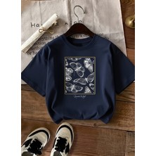 Caddekombin Kadın Gold Çerçeveli Kelebek Desenli Lacivert T-Shirt