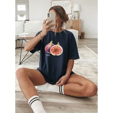 Caddekombin Kadın Pinterest Incir Baskılı Bisiklet Yaka Lacivert T-Shirt