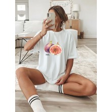 Caddekombin Kadın Pinterest Incir Baskılı Bisiklet Yaka Beyaz T-Shirt